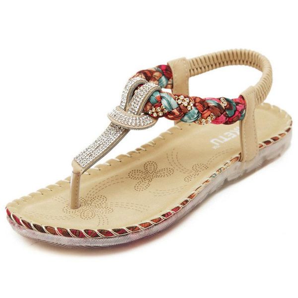 

35-45 large size printed flat shoes summer 2021 ethnic style sandals female beach bohemian rhinestone woven ankle strap flip flo, Black