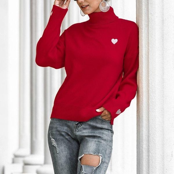 

women lantern sleeve knit sweater turtleneck heart embroidered loose jumper, White;black