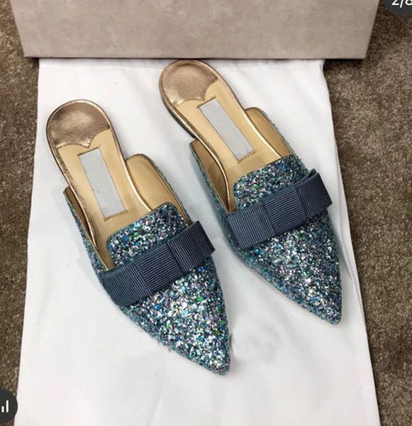 

women's shining slippers summer party shining pointed flat dress shoes elegant luxury designer bow slippers, Black