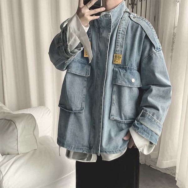 

denim jacket men's fashion washed solid color casual big pocket tooling denim jacket man streetwear hip hop loose bomber, Black;brown