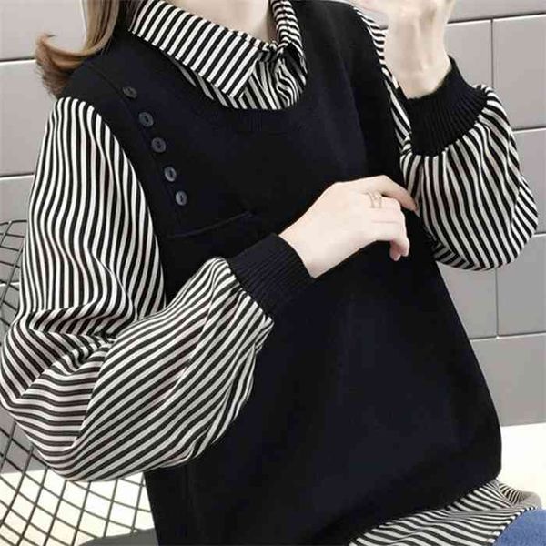 

fake two-piece shirt collar sweater autumn and winter womens 2021 new fashion loose joker outer shirt knitted base shirt, White;black