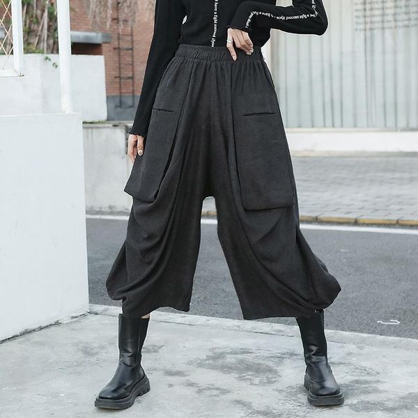 

superaen solid irregular patchwork pocket all match casual wide leg ankle-length pants for women, Black;white