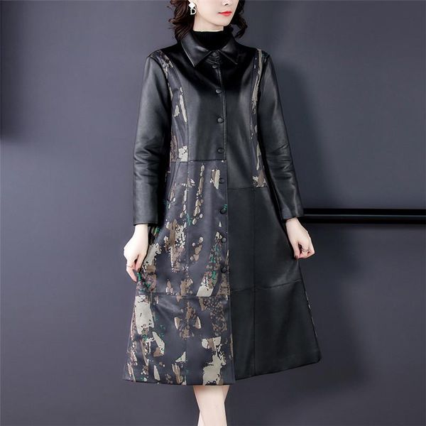 

women's fur & faux autumn winter long leather jacket women plus size retro temperament windbreaker sheep outerwear female overcoat 5xl, Black
