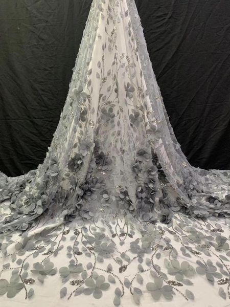 

ribbon 2021 silver /grey color 3d flower handmade beaded embroidery lace fabric african design factory price 5yards per lot, Pink;blue