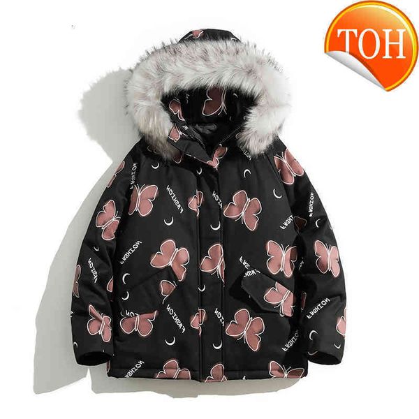 

glacialwhale mens winter down jacket 2021 hiphop butterfly hooded windproof coat streetwear waterproof for, Black