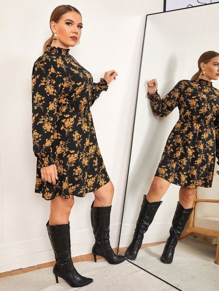

plus shirred neck and cuff floral dress x0rk#, Black