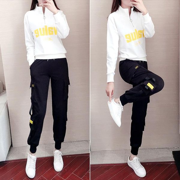 

women's pants & capris 2021 spring and autumn casual sports korean-style loose slim fit long coat trousers trendy two-piece suit, Black;white