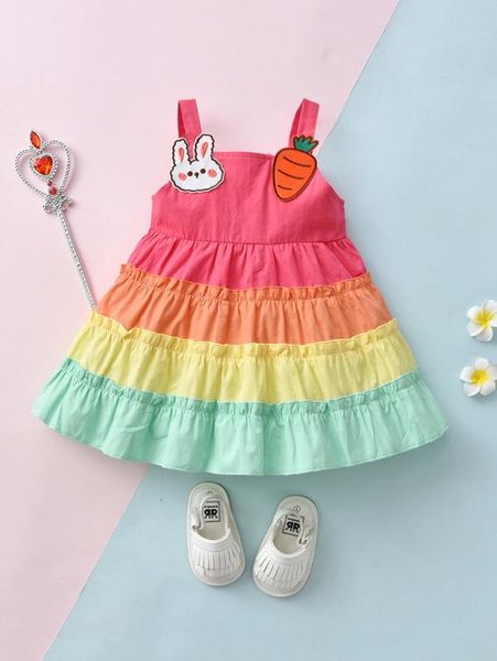 

baby colorblock rabbit & carrot patch detail frill trim dress she, Red;yellow