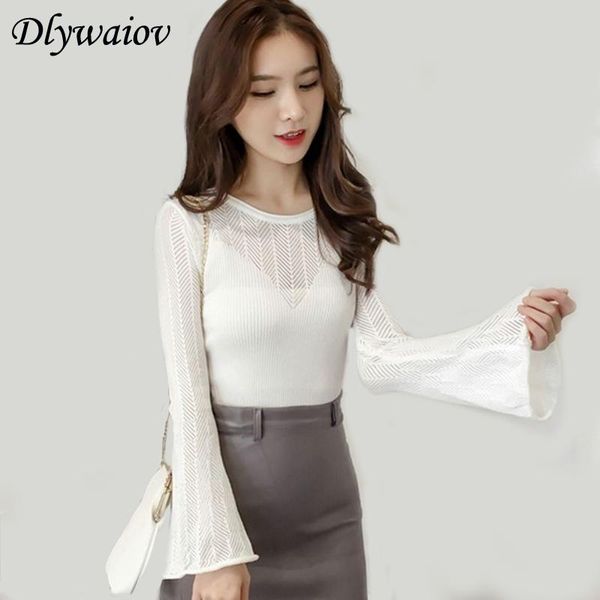 

women's sweaters fashion hollow o-neck women wild slim trumpet sleeve knitted spring modis bottoming sweater female 2021 solid color to, White;black