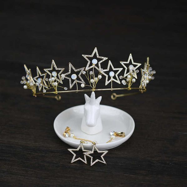 Estrelas de moda coroas com brincos tiara e coroa acessórios de cabelos de casamento de cabelo nupcial jóias de jóias tiaras noiva pérola mulheres diadem h1022