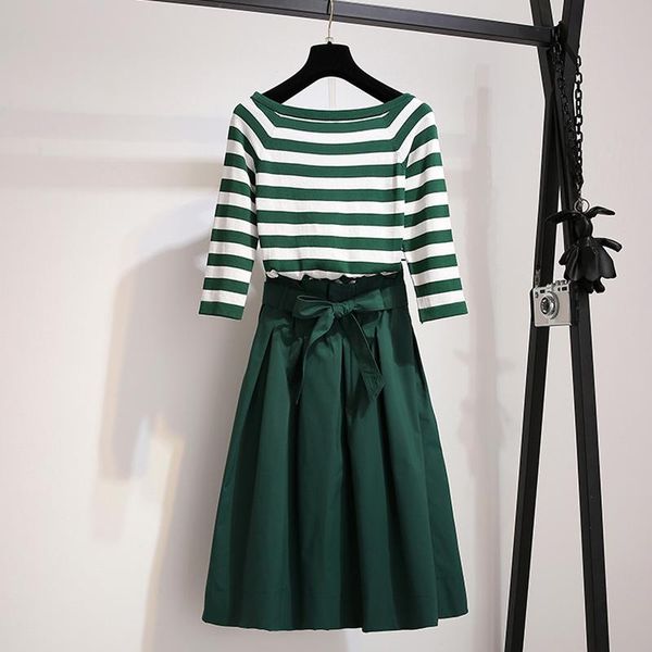 

two piece dress spring 2 set women casual skirt suit 2021 fashion striped knitted female tees and a-line long skirts, White