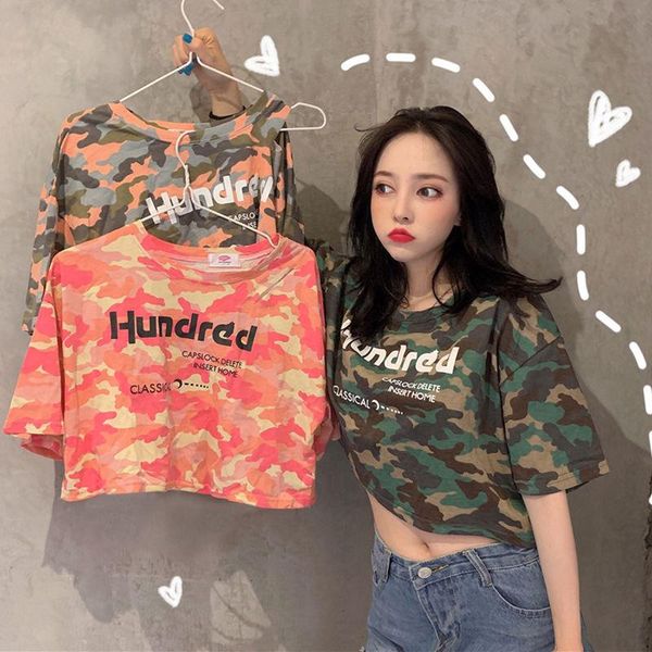 

women's t-shirt crop woman summer super fire camouflage short sleeve girl student harajuku bf half, White