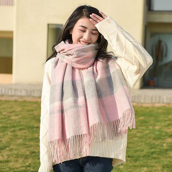 

scarves large wool scarf women winter tassel retro plaid warm shawls and warps 2021 long pashmina for girls 180x70cm, Blue;gray