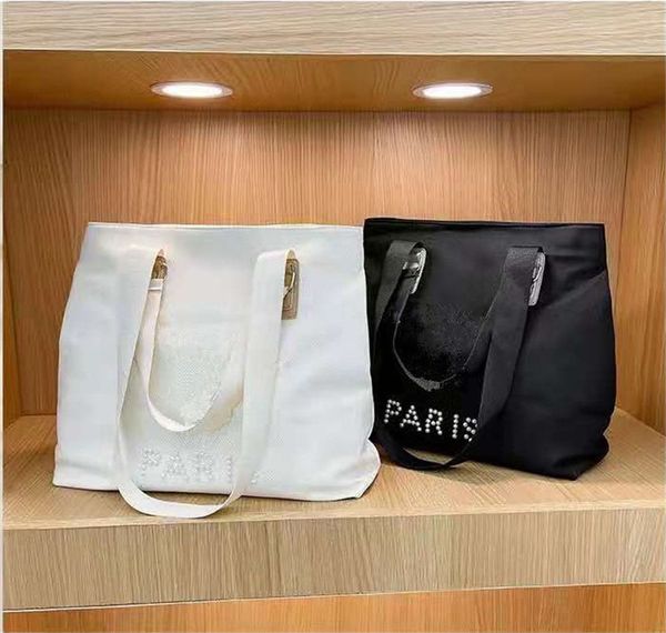 

manmade pearl letter handbags women girls canvas one shoulder bags book tote fashion designer shopping bag large capacity handbag totes, Black