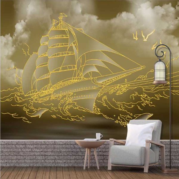 

wallpapers milofei manufacturers custom golden sea sailing boat smooth living room bedroom background wallpaper mural
