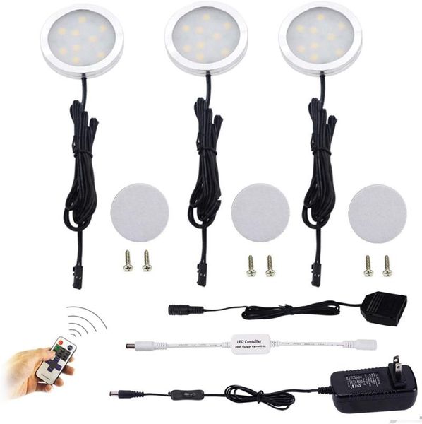 

bulbs dimmable led under cabinet puck lights 3 lamps kit with rf remote control for home kitchen counter lighting (warm white 2700k)
