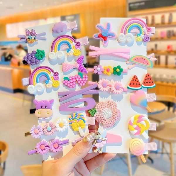 

hair accessories 14pcs children cute cartoon flower fruit rubber bands hairpins girl suit rainbow for toddler hairpin, Slivery;white