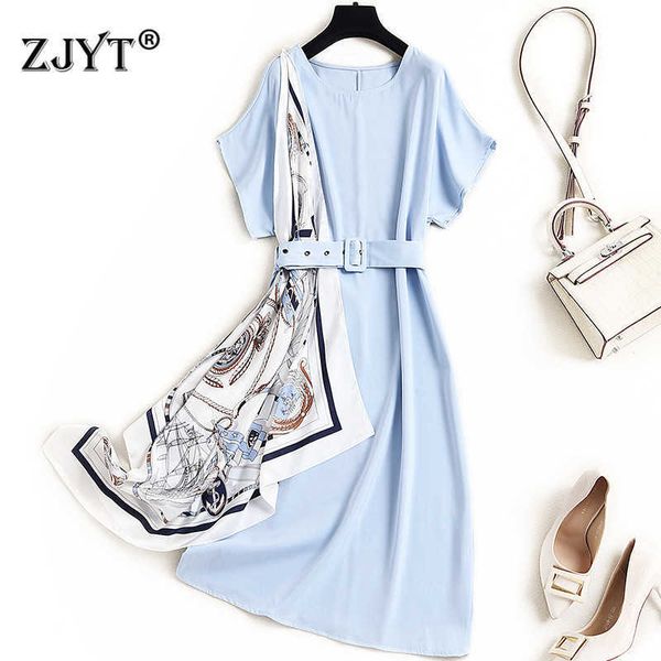 

summer vestidos women fashion batwing sleeves print scarf patchwork solid loose dress casual elegant robe s-xxl 210601, Black;gray