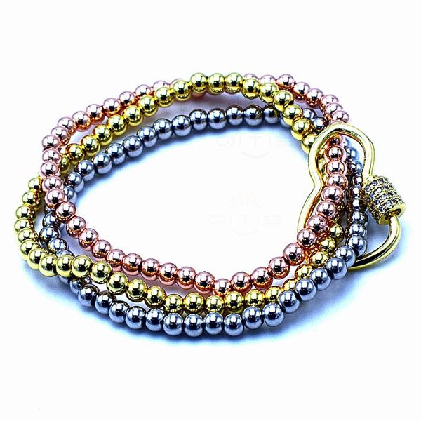 

tennis charm geometric shape cz white zircon spiral buckle and three 4mm bead bracele combination bracelets&bangles ladies jewelry gift, Golden;silver