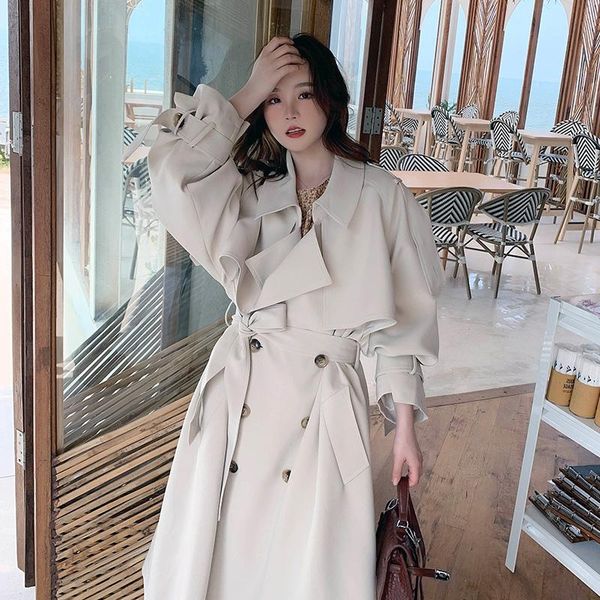 

women's trench coats spring autumn women long coat double breasted belted dress loose office lady outerwear fashion, Tan;black