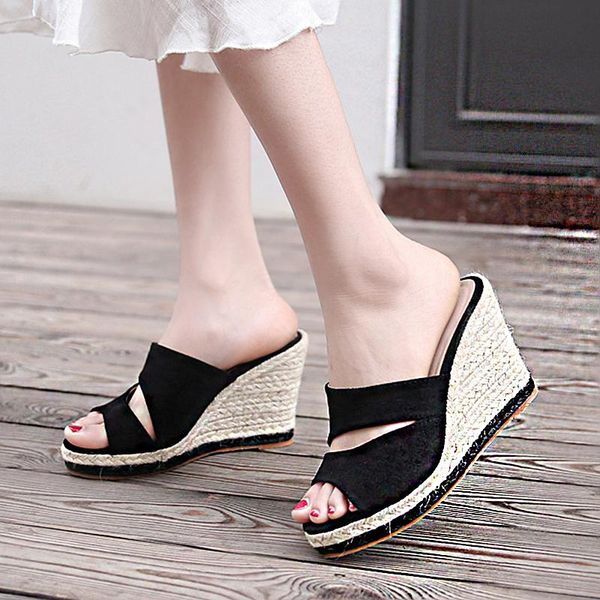 

sandals 2021 summer wedge for women's with suede rope weaving high heels, Black