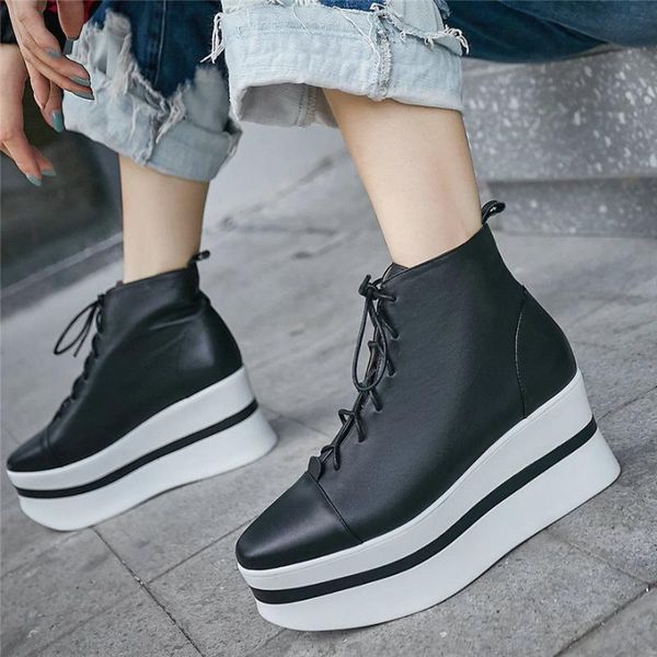 

boots lace up trainers women cow leather wedges high heel ankle female square toe platform pumps shoes fashion sneakers, Black