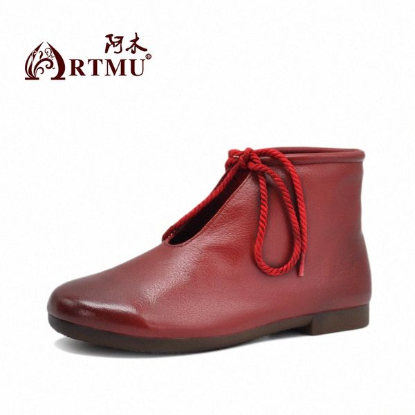

artmu original women flats boots lace up soft soles woman leather shoes comfort ankle boots woman short l5nc#, Black