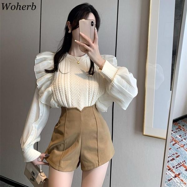 

women's sweaters woherb chic women knitted sweater long sleeve loose ruffle patchwork o-neck pullover sweet ladies retro jumper all-mat, White;black
