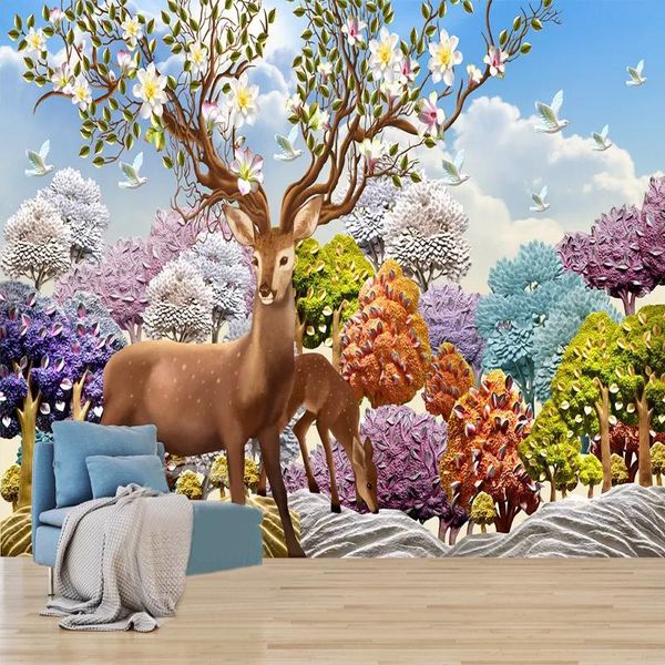 

wallpapers 3d wallpaper nordic style relief dream forest deer po wall murals kids bedroom living room background painting fresco