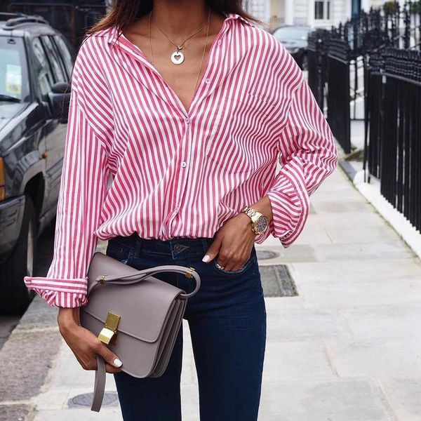 

women casual blouse v neck long sleeve casual stripes print loose shirts ladies elegant plus size blouses 2021 fashion, White
