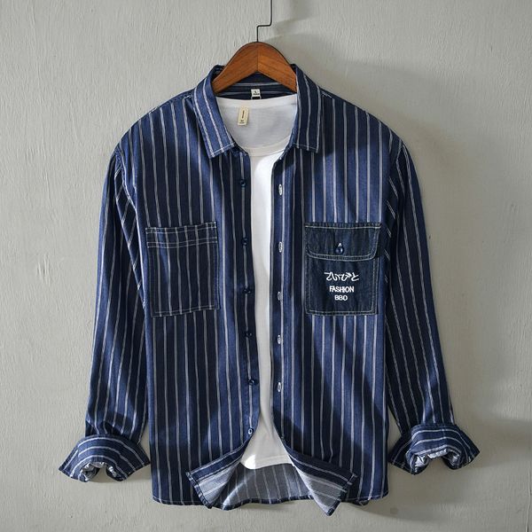 

2021 new 100% cotton brand stripe fashion blue striped shirts for men autumn and winter long-sleeved shirt mens chemise camisa 13l5, White;black