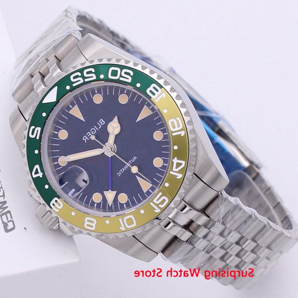 

bliger 40mm automatic mechanical mens luxury sapphire glass vintage gmt watch luminous waterproof day date wristwatch men, Slivery;brown