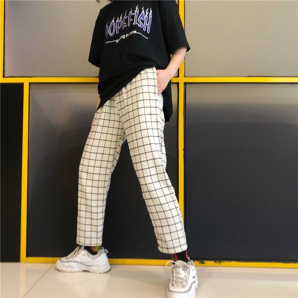 

fashion vintage plaid patchwork pants harajuku woman man trousers elastics high waist pants korean causal straight pants, Black