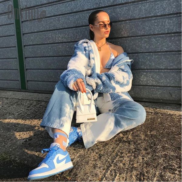 

women's fur & faux qnvigo lamb velvet coat tie-dye blue white autumn winter long-sleeved ins ziocket lapel tie waist belt, Black