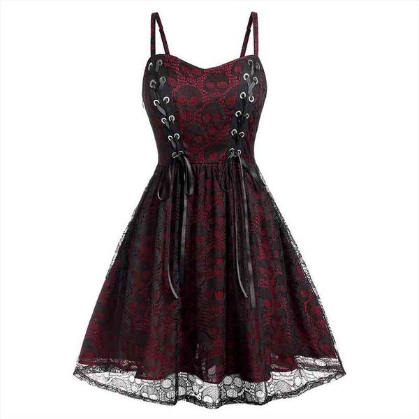 

halloween skull print camisole womens dress with lace up gothic tunic dresses female v neck sheath, Black;gray