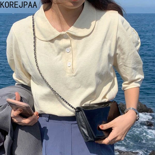 

korejpaa women t-shirt korea chic summer gentle little turntring three buckle loose casual bubble sleeve pullover 210526, White