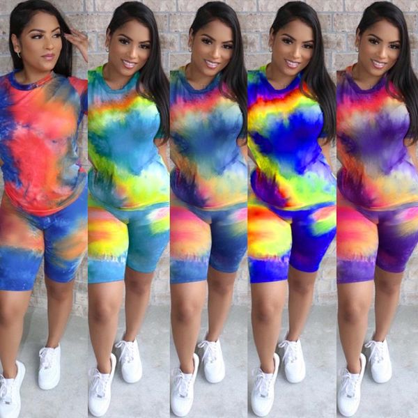 

women's tracksuits vintage retro tie dye printed two piece set women summer short sleeve tshirt and sets outfits female, Gray