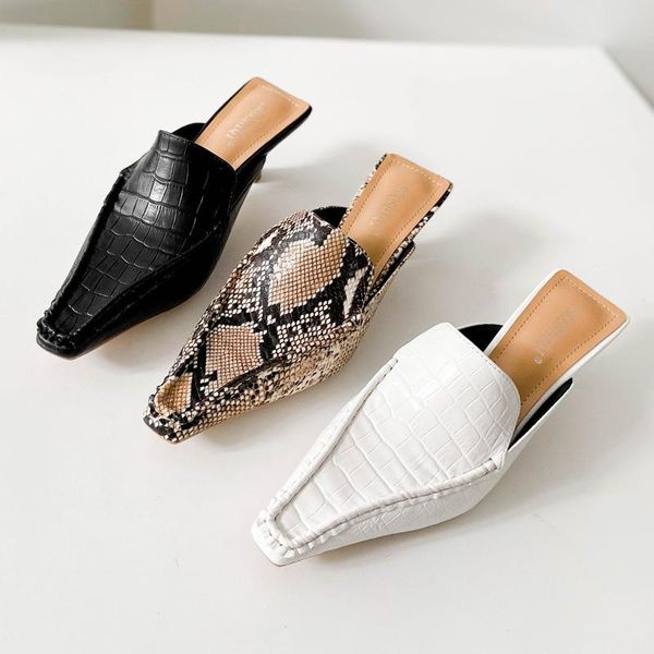 

slippers casual high-heeled shoes lady square toe shallow slides mules for women 2021 snakeskin med luxury cover block summer pu, Black