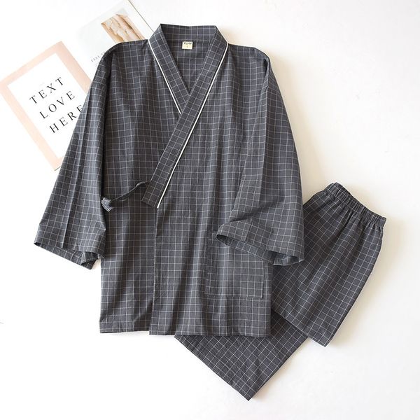 

2021 new japanese-style kimono, cotton gauze, spring and autumn men's plaid nightgown two-piece home service yukata lace-up pajama set, Black;brown