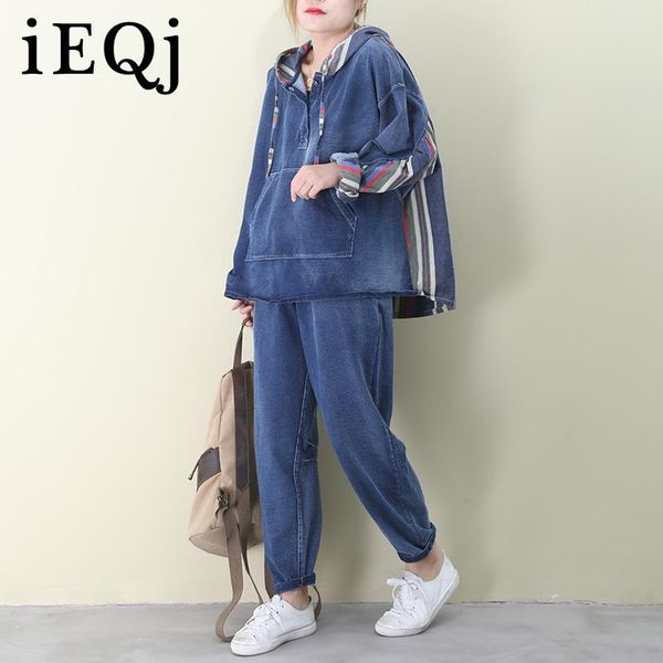 

women's two piece pants ieqj women denim suit loose casual patchwork full sleeve hooded striped long length 2021 spring fashion xa241, White