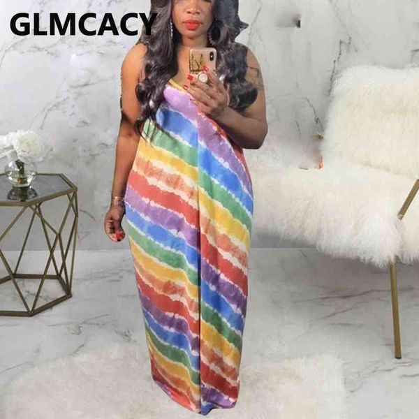 Spaghetti Strap Rainbow Listrado Maxi Vestido Casual Solto Vestidos Longos 210702