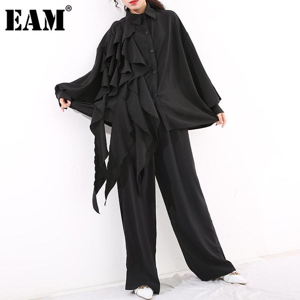 

women's two piece pants [eam] wide leg ruffles big size suit lapel long sleeve black loose women fashion spring autumn 2021 1z84701, White