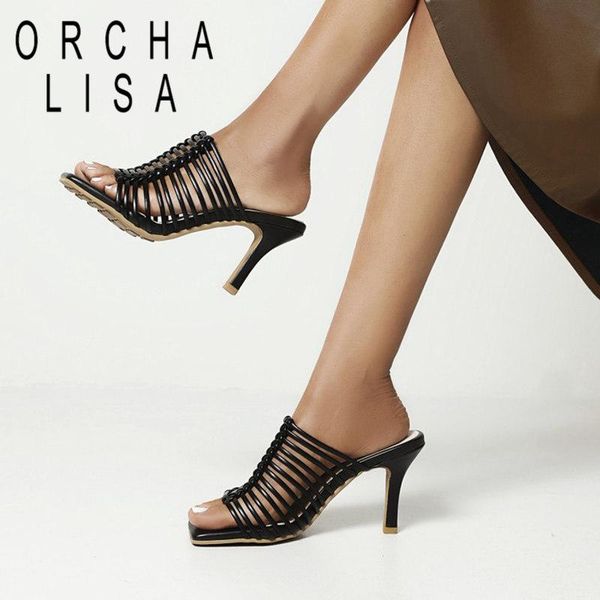 

sandals orcha lisa 2021 women open toe 8.5cm high thin heels slip-on patent leather stylish big size 35-46 casual b2482, Black