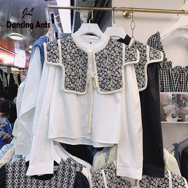 

woman shirts long sleeve stand collar straight blouses solid lace up floral-patchwork button autumn office lady cardigans shirts 210225, White