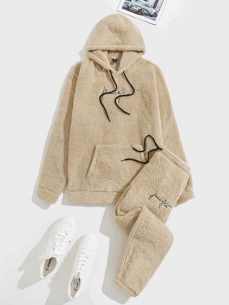 

men letter embroidery kangaroo pocket drawstring teddy hoodie & pants s3p0#, Gray