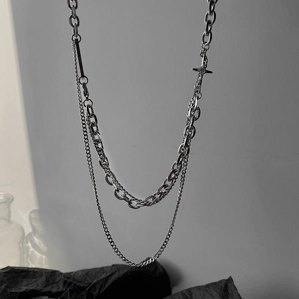 

xianlan060 niche design feels double cross necklace; male and female ins hip-hop titanium steel collar bone chain new pendant in 2, Silver