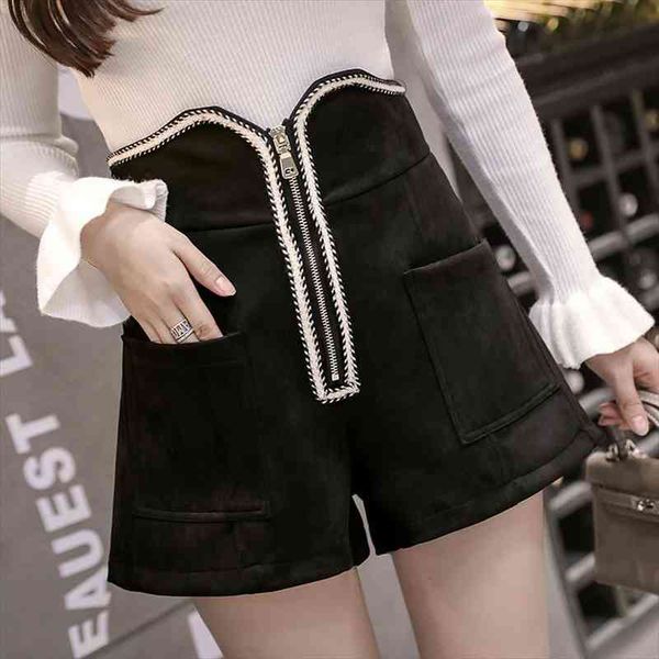 

autumn winter suede high waist women short feminino zipper and pockets shorts mujer female, White;black
