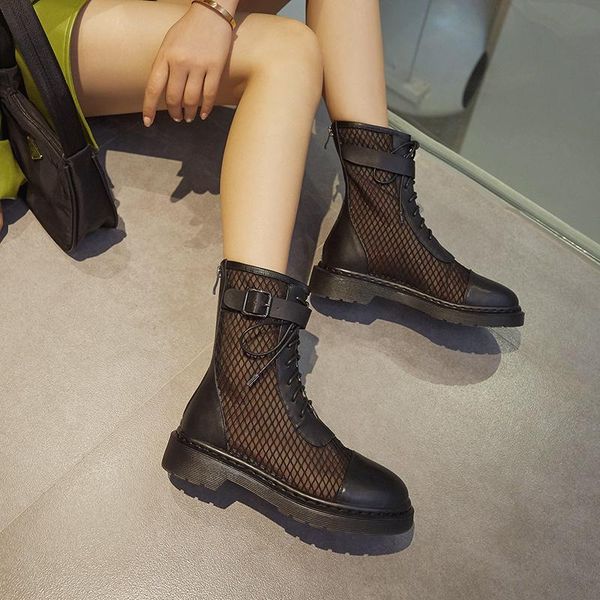 

boots famale genuine leather lace-up summer mesh thick heels fashion night club shoes woman, Black
