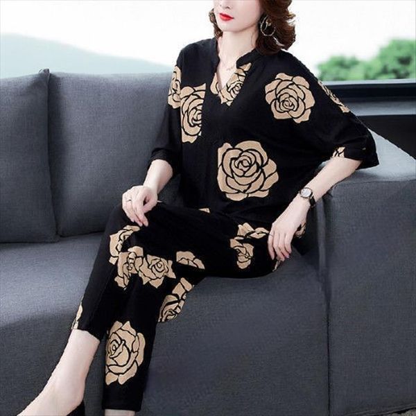 

casual two piece set spring womenpant summer ice silk short sleeve print t shirt suits plus size middle aged mother, White