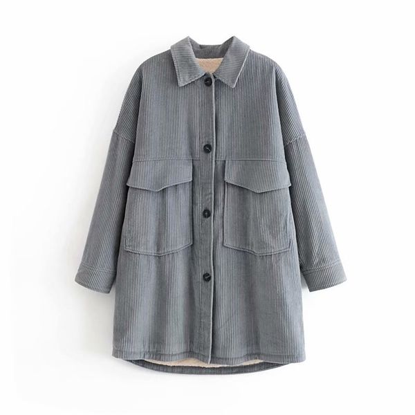 

winter female british style retro loose wild plus velvet corduroy warm lapel long sleeve women jacket 210531, Black